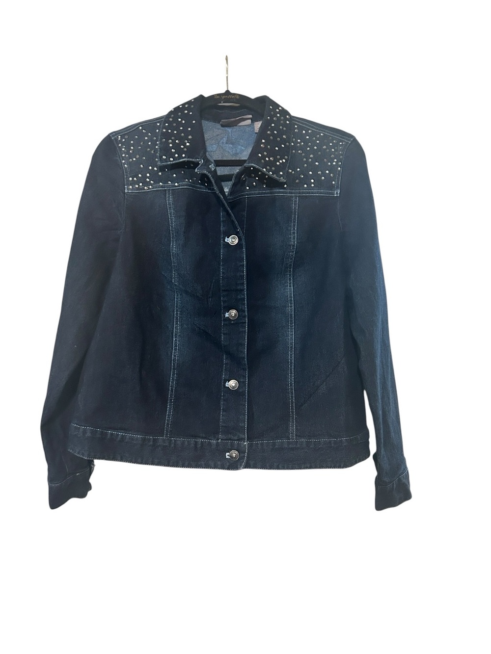 Chico's Dark Blue Denim Jacket with Studded Yoke